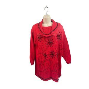 Vintage Red Knit Sweater‎ With Black Embellishments & Cowl Neck